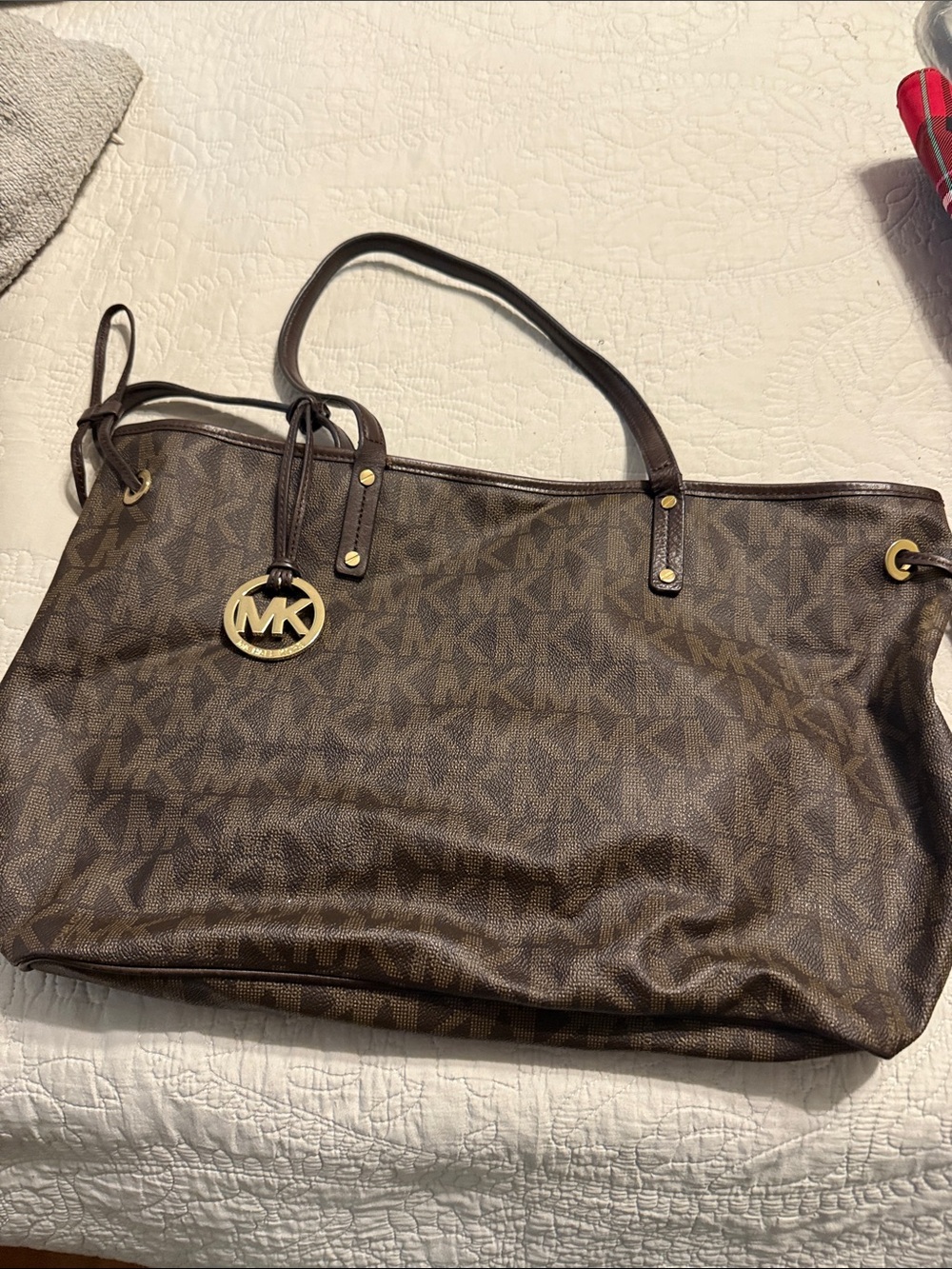 Michael Kors Dark Brown MK Logo Tote with Gold Charm